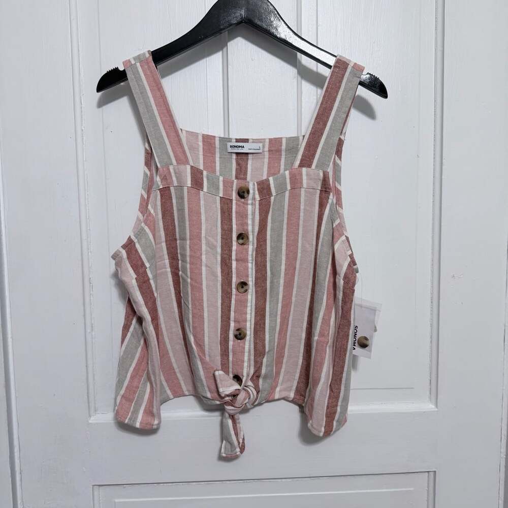 Sonoma Striped Button Up Crop Tank Earth Tones Coastal Boho L cottagecore

A4